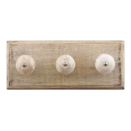 White Marble Ceramic Floral Wooden Hooks